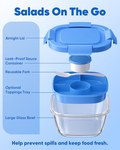 Canfanni Glass Salad Container, 56oz Bowl with Airtight Lids, Tray, Fork