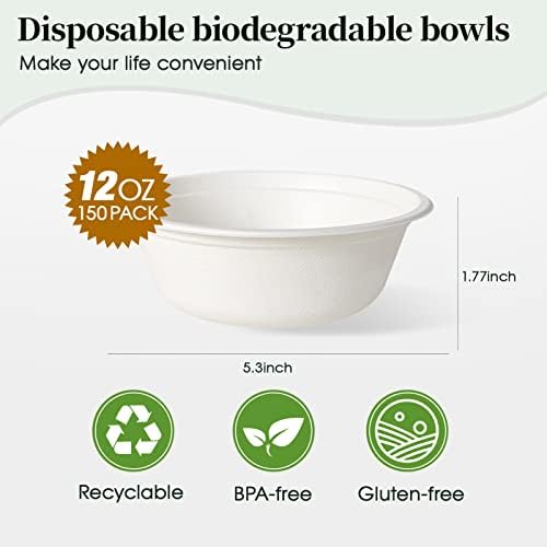 ECOLipak 150 Pack 12 oz Compostable Paper Bowls Disposable, White