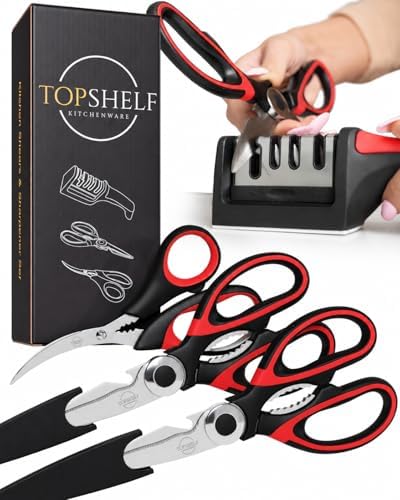 Heavy Duty Kitchen Shears With Sharpener - Lifetime Replacement Warranty* - Multipurpose Stainless Steel Scissors for Food - Sharp Food-Grade Kitchen Scissor for Meat, Seafood, Poultry - Set (Red)