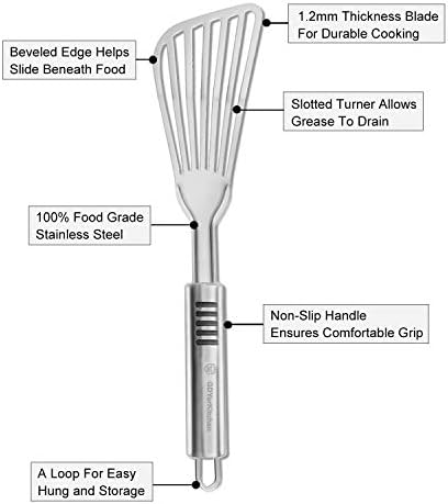 Stainless Steel Fish Spatula with 1.2mm Thick Blade - Multipurpose Turner for Fish, Eggs, Meat, and Dumplings - Perfect for Grilling, Frying, and More - Bonus Silicone Brush and Oven Mitt - Set of 1