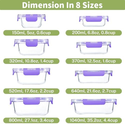 8 Pack Glass Food Storage Containers with Snap Locking Lids for Meal Prep