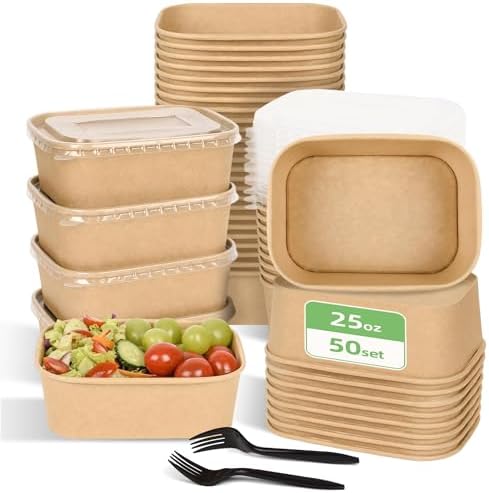 50 Pack Disposable Meal Prep Containers, 25oz Disposable Large Paper Bowls with Lids and Forks for Salad, Noodles, Freezer and Microwavable Storage Use Cardboard Food Containers