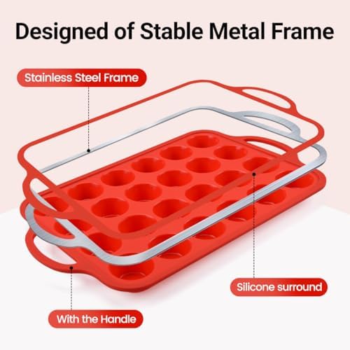 CAKETIME Silicone Mini Muffin Pan 24 Cups with Metal Reinforced Frame, Mini Cupcake Pan NonStick for Baking 1 Pack Oven Dishwasher Safe