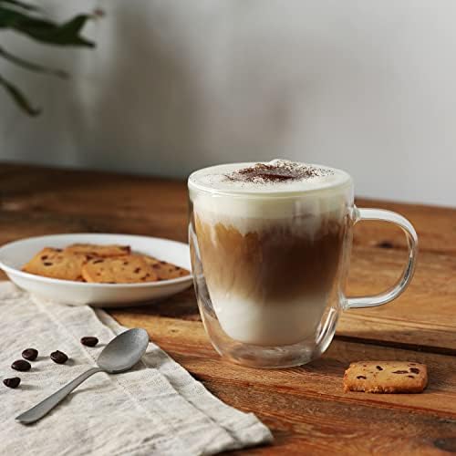 CNGLASS Glass Coffee Mugs 12oz,Double Walled Insulated Cappuccino Mug with Handle,Clear Espresso Cups for Cappuccino,Latte,Tea Bags,Hot and Cold Beverages,Set of 4