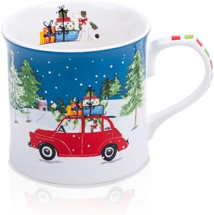 12 oz Christmas Car Coffee Mug, Festive New Bone China Mug with A Red Beetle in Snowy Winter Scene, Holiday Gift for Car Lovers, Kids & Family, Designed in England by Harvest Green Studio