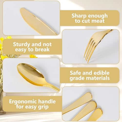 150PCS Gold Plastic Silverware Set Heavy Duty for Weddings