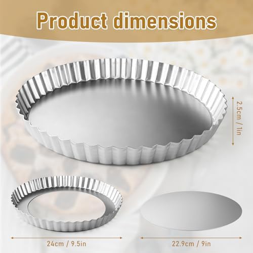 2 Pack 9 Inch Tart Pan with Removable Bottom Non-Stick Carbon Steel Quiche Pan for Oven Baking Molds for Pies Quiches Fruit Tart Cake with Fluted Edges, Silver (1 Inch Deep)