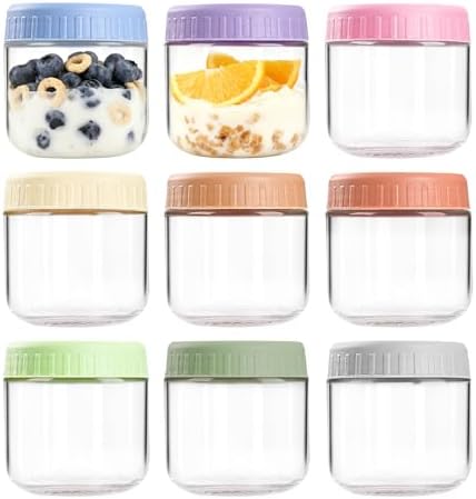 Overnight Oats Containers with Lids, 10oz Wide Mouth Mason Jars with Lids, 9 Pack Glass Jars with Airtight lid for Chia Pudding Yogurt Salad, Meal Prer Oatmeal Jars