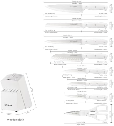 15-Piece White Kitchen Knife Set with Built-in Sharpening Stone, Ergonomic Triple Rivet Fixed Handles, Dishwasher Safe