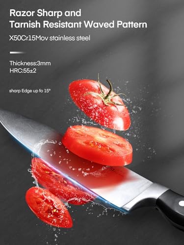 Knife Set, D.Perlla 8 Pieces Kitchen Knife Set with Built-in Sharpener, High Carbon German Stainless Steel Knife Block Set with Unique Waved Pattern, Non-slip Handle, Black