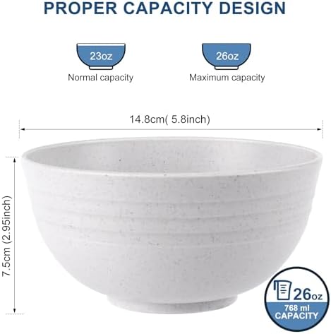 HOTEC Unbreakable Wheat Straw Cereal Bowls - Microwave & Dishwasher Safe Soup and Salad Bowls BPA Free, Set of 8, 26oz, White (Pack of 2)