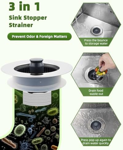 Universal 2PCS Kitchen Sink Strainer Stopper Combo, 3 in 1 Pop Up