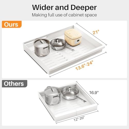 Pull out Cabinet Organizer, 4-Pack Expandable(13.6"-24") Silde out Drawers with Raising Pad for Framed Cabinets, Adjustable Full-Extension Adhesive Roll out Shelves for Kitchen Pantry Home Pot and Pan