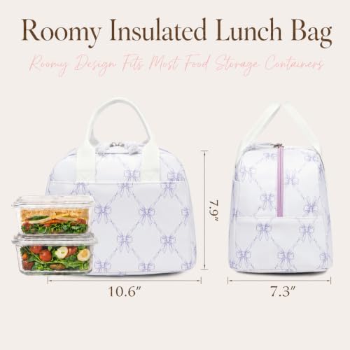 LOVELYWIND Lunch Box for Women, Insulated Lunch Bag, Purple Bow Print Tote