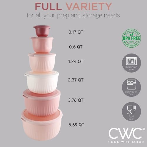 COOK WITH COLOR Prep Bowls with Lids- Wide and Deep Nesting Plastic Small Mixing Bowl Set with Lids, 12 Piece Set - Deep Bowls, Pink