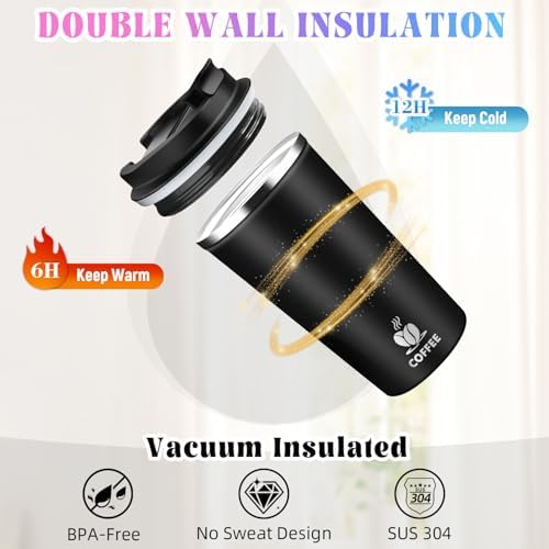 17oz Insulated Travel Coffee Mug with Flip Lid ¨C Leakproof Stainless Steel Insulated Coffee Tumblers, Reusable Coffee Cup for Hot & Cold Drinks, Perfect for Camping & On-the-Go