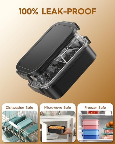 KEMETHY Adults Bento Lunch Box Set with Thermo Bag, 74oz Stackable Leak-proof 3-tiers Bento Box, Built-in Utensil and Sauce Container for Work, School, Dining Out (Black)