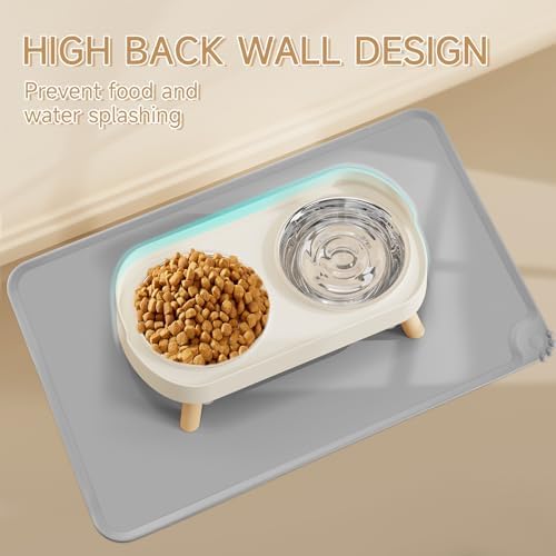 Elevated Cat Bowl with Food Mat, Raised Cat Food and Water Bowl Set for Indoor Cats, Splash Proof with 2 Stainless Steel Pet Food Bowls for Cats and Puppies,Whisker Fatigue and Dishwasher Safe (White)