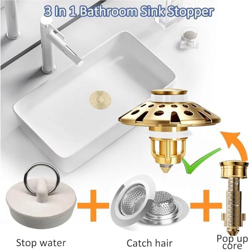AzWzz Bathroom Sink Drain Strainer, 3 in 1 Pop Up Bathroom Sink Stopper