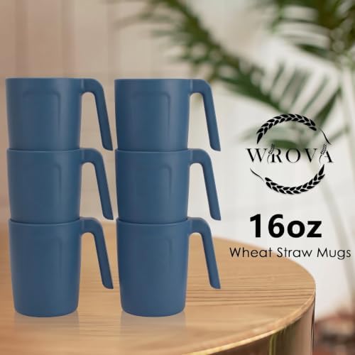 Wrova 16oz Wheat Straw Cups with handles set of 6-Plastic Cups Reusable-Unbreakable Kids Mugs-Dishwasher Safe & Microwave Safe-Ideal Plastic Mugs for Tea,Coffee,Camping,RV-Navy Blue