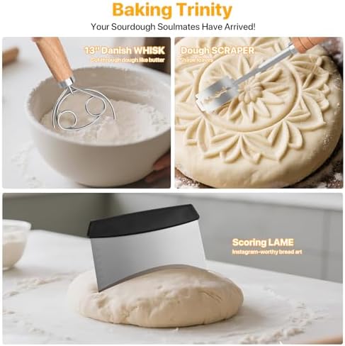 GIRLA Dough Whisk【Set of 3】Danish Dough Whisk,Dough Scraper & Bread Blades