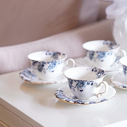 Ceramic Tea Cups Coffee Cup and Saucers Set of 4 (Blue and White)