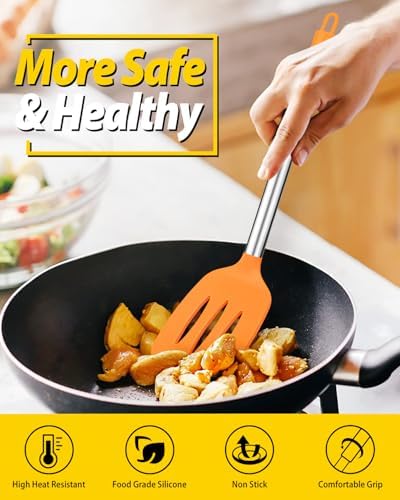 Pack of 2 Silicone Solid Turner, Non Stick Slotted Kitchen Spatulas, High Heat Resistant BPA Free Cooking Utensils, Ideal Cookware for Fish, Eggs, Pancakes (ORANGE)