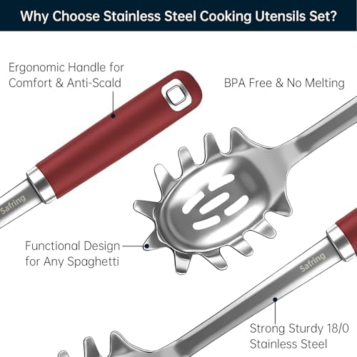 Safring Stainless Steel Soup Ladle and Spaghetti Spoon Set, Heat Resistant Rubber Handle, Dishwasher Safe, Kitchen Utensils for Cooking, Stirring, Serving Pasta, Soup & Sauce (Red)
