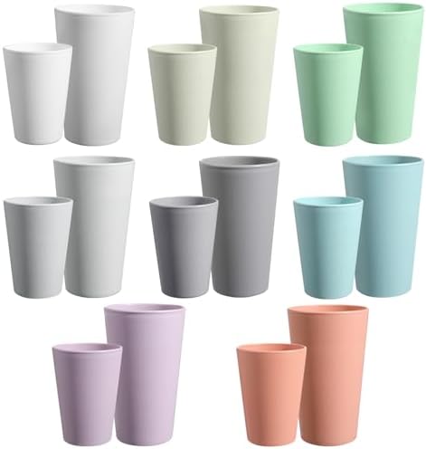 HEYCOME Set of 16 Wheat Straw Cups, 8 Pcs 20 oz & 8 Pcs 12 oz Unbreakable Drinking Cups, Reusable Plastic Cups Sets, Water Glasses Tumblers, Microwave & Dishwasher Safe, Bpa Free, 8 Colors