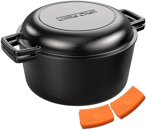 2-in-1 Pre-Seasoned Cast Iron Double Dutch Oven Pot with Skillet Lid & Silicone Sleeves – Raised Rib Skillet Lid– Umite Chef 7QT Cast Iron Skillet Cookware Pan Set wirh Dual Handles – Oven, Grill, Campfire & Stovetop Safe –PFAS-Free