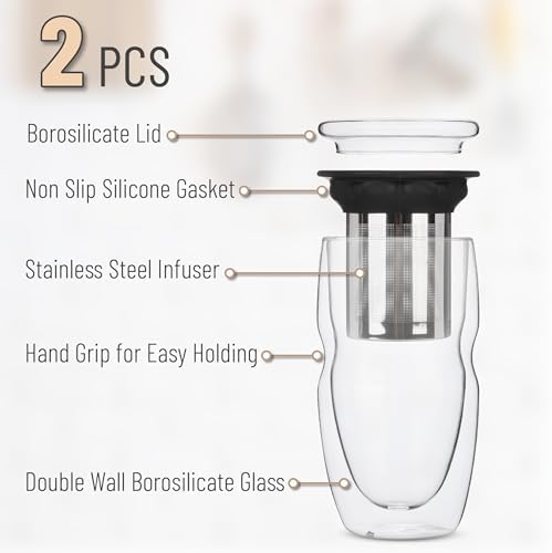 BTaT- Double Wall Glass Tea Cup With Stainless Steel Infuser and Lid, 16 oz, 2 Pack, Borosilicate Glass Tea Mug Infuser, Gifts for Tea Lovers