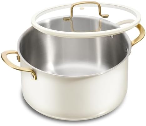 CAROTE 6QT Full Clad Tri Ply Stainless Steel Stock Pot with Lid, Kitchen Stockpot Soup Pot, Outer Ceramic Layer, Even Heating, All Stoves Compatible, Oven & Dishwasher Safe, Stay Cool Handle, White