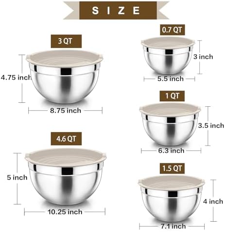 P&P CHEF Metal Mixing Bowls with Lids Set, Airtight Lids & Khaki