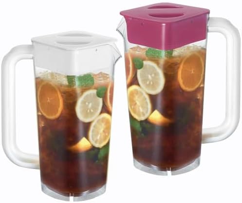 CURTA Plastic Pitcher with Lid, 2L Heavy-Duty Shatterproof Clear Water Pitcher with Handle for Lemonade, Coffee, Milk, Juice,cafeteria, 2 Pack