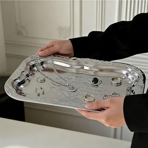 4-Pack Large Oval Silver Serving Trays - 15.7"x10.8" Mirror Platter Set for Party, Wedding, Birthday, Christmas, Appetizers, Desserts, Food Display, Kitchen Table, Buffet