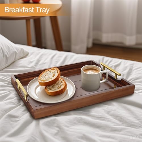 SXNOWS Large Wooden Serving Tray with 2 Sets of Handles,Dark Brown