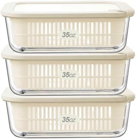Urban Green Glass Food Storage Containers with Glass Lids, Microwave Safe Food Container Set, Aitight Meal Prep Container Set, BPA Free, 3 extra Colanders, LeakProof, 3 Pack of 35oz