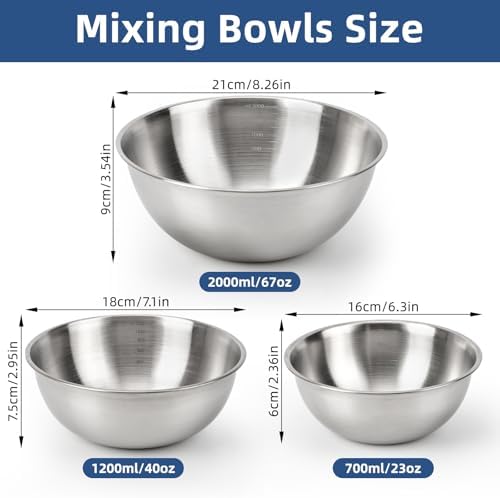 3-Set Stainless Steel Mixing Bowls Set (0.74, 1.26 & 2.2 Qt) | Metal Bowl Sets with Measurement Marks, Dishwasher Safe & Stackable - Perfect for Baking, Salad Making, Meal Prep and Kitchen Use