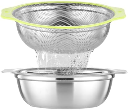 Colander Stainless Steel Microporous, 4QT Large Capacity Rice Strainer with Mixing Bowl, Rice Washing Bowl Set with Handle, Food-Grade Strainers and Colanders for Kitchen, Dishwasher Safe