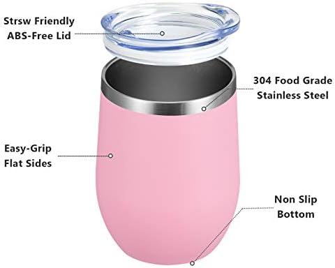 MEWAY 12 OZ/8 Pack Wine Tumbler Glasses with Lid - Stemless Double Wall Vacuum Stainless Steel Travel Tumbler - Keeping Cold & Hot for Wine,Coffee,Cocktails,Drinks-Family and Gifts (Pink,Set of 8)