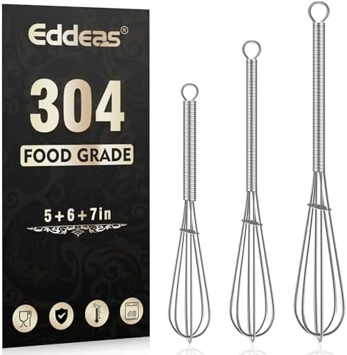 Eddeas Small Whisk Stainless Steel, Mini wire whisk 3 Pieces, 5in, 6in & 7in Tiny Whisks Perfect for Whisking, Beating, Mixing Sauces & Blending Ingredients.