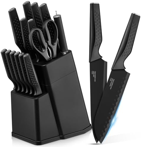 E-far Knife Set, 15-Piece Kitchen Knife Block Set with Sharpener, Black
