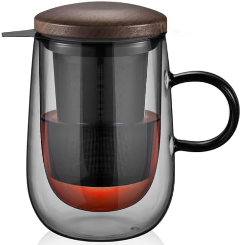 glastal Tea Infuser Mug 14.5oz Double-Walled Glass Teacup Infuser, Black