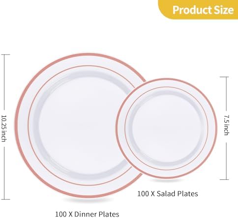 Goodluck 200PCS Rose Gold Plastic Plates, Heavy Duty Disposable Plates