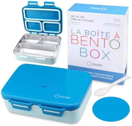 kinsho Stainless Steel Bento Box Lunch Container for Boys Kids, Blue