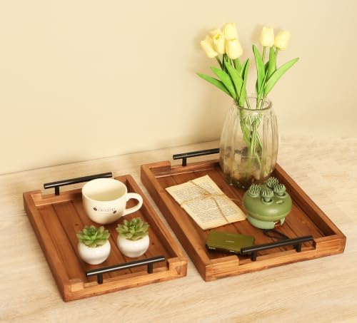 2Pc Nested Vintage Wooden Serving Tray Set, Coffee Table Ottoman Decor