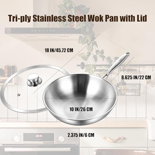 LOLYKITCH 10-Inch Stainless Steel Wok with Glass Lid | Riveted Handle