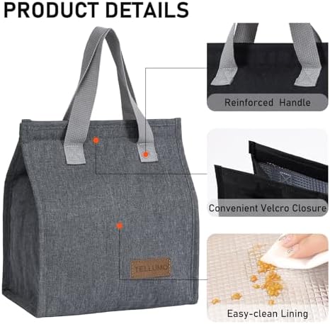 TELLUMO Insulated Lunch Bag for Men Women, Large Reusable Leakproof Lunch Box Container, Small Portable Thermal Snack Bag, Reusable Travel Office Work Beach Cooler Tote Bag for Adults, Grey