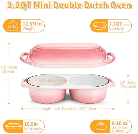 Mini Double Dutch Oven For Sourdough Bread Baking, 2.2QT Enameled Cast Iron