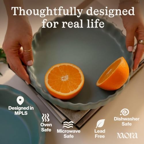MORA Ceramic Tart Pan, 9.5 Inch Large Porcelain Baking Dish for Tarts, Quiche, Pie, Flan etc. Fluted Ruffled Edge, Oven, Microwave, Freezer, and Dishwasher safe - Great Gift For Bakers - Nebula
